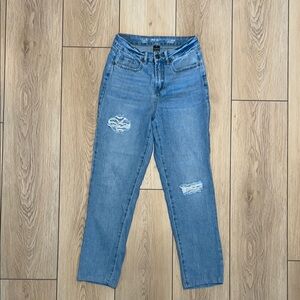 SOUND/STYLE - Blue High Rise Distressed Jeans with Raw Hem